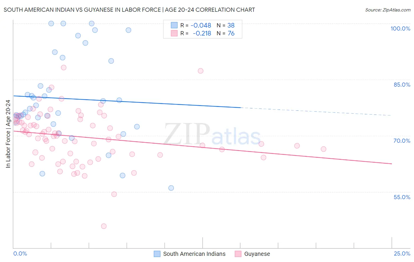 South American Indian vs Guyanese In Labor Force | Age 20-24