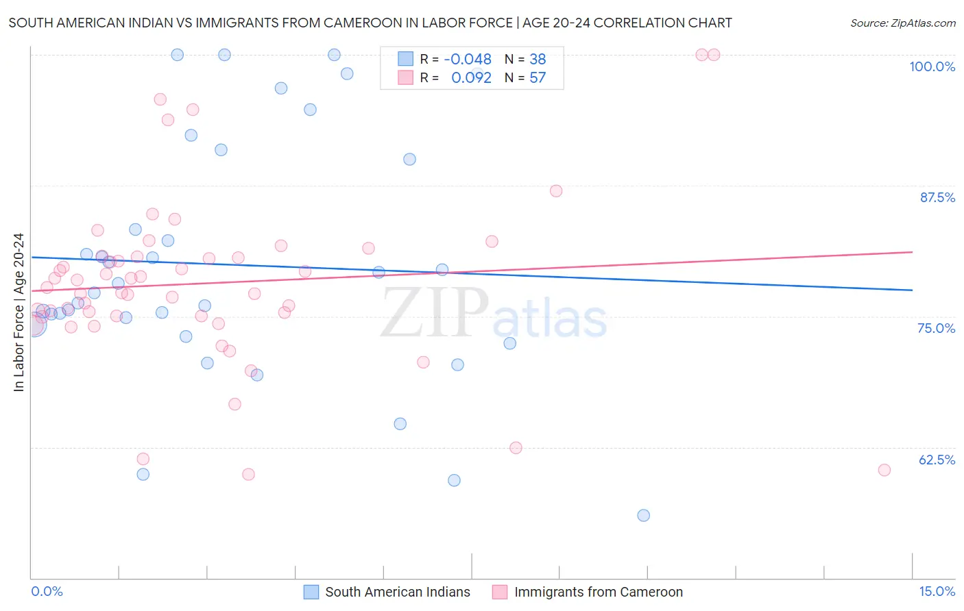 South American Indian vs Immigrants from Cameroon In Labor Force | Age 20-24