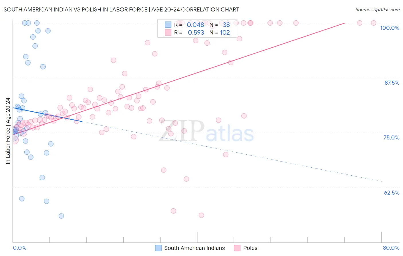 South American Indian vs Polish In Labor Force | Age 20-24
