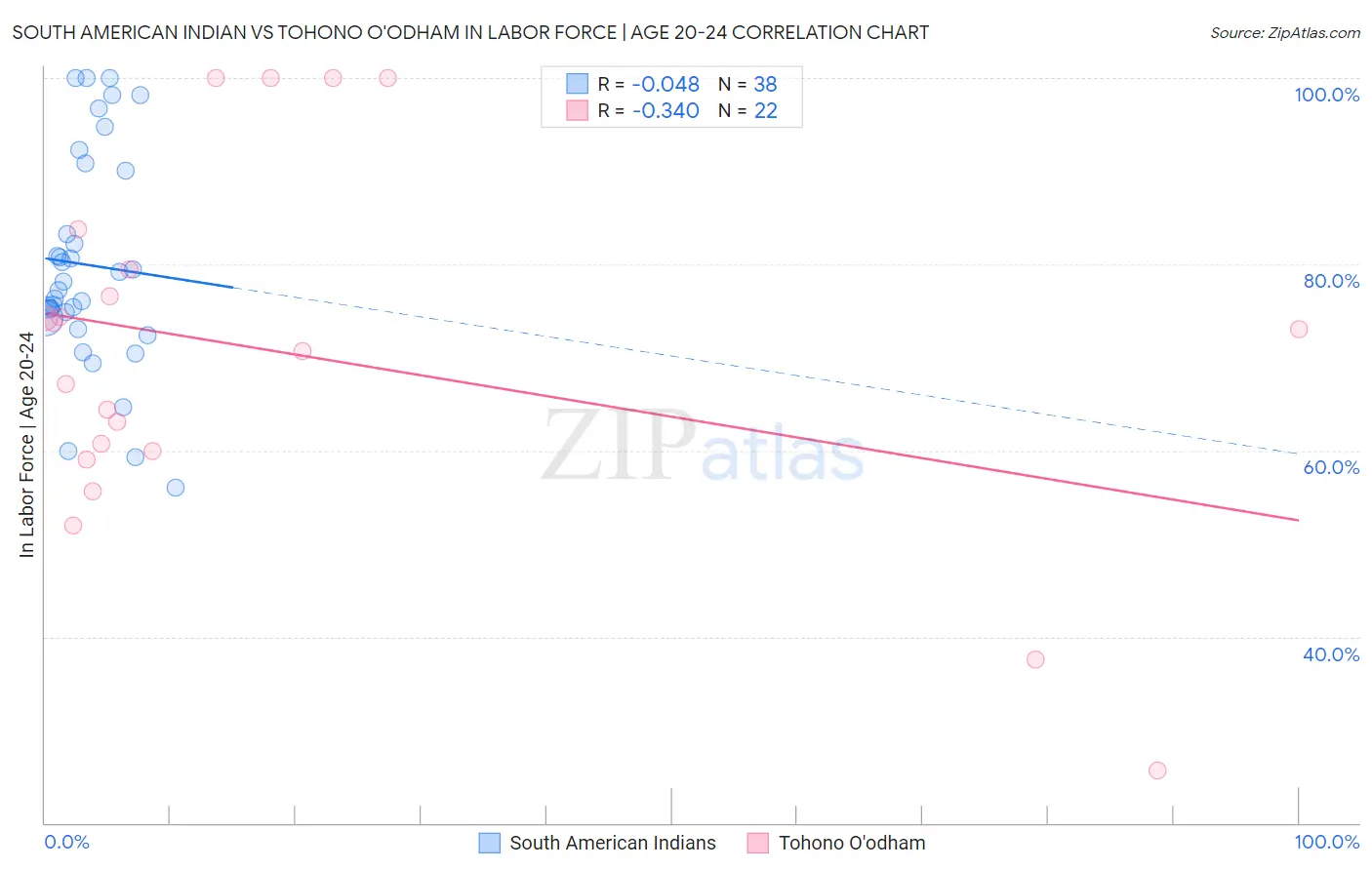 South American Indian vs Tohono O'odham In Labor Force | Age 20-24