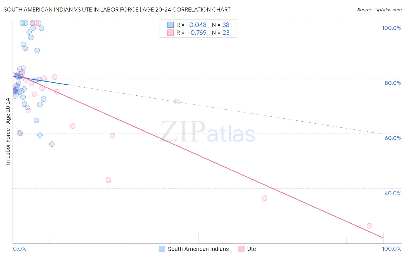 South American Indian vs Ute In Labor Force | Age 20-24