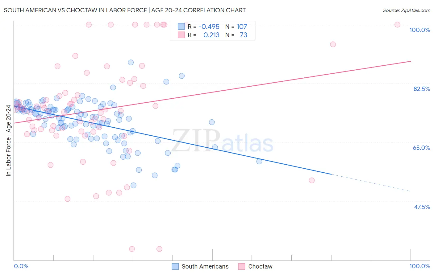 South American vs Choctaw In Labor Force | Age 20-24