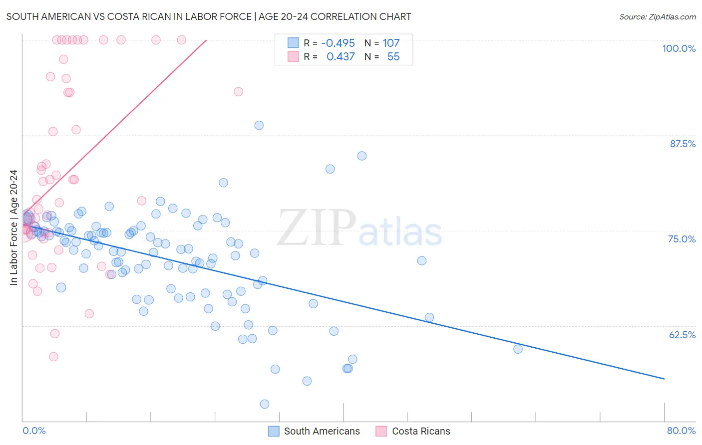 South American vs Costa Rican In Labor Force | Age 20-24
