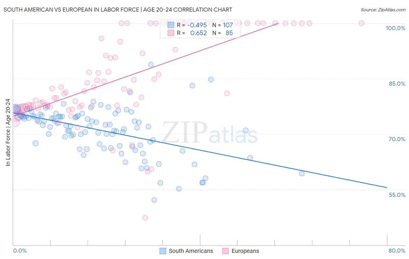 South American vs European In Labor Force | Age 20-24