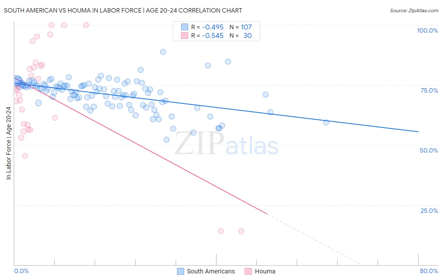 South American vs Houma In Labor Force | Age 20-24