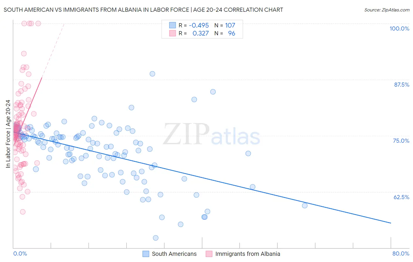 South American vs Immigrants from Albania In Labor Force | Age 20-24