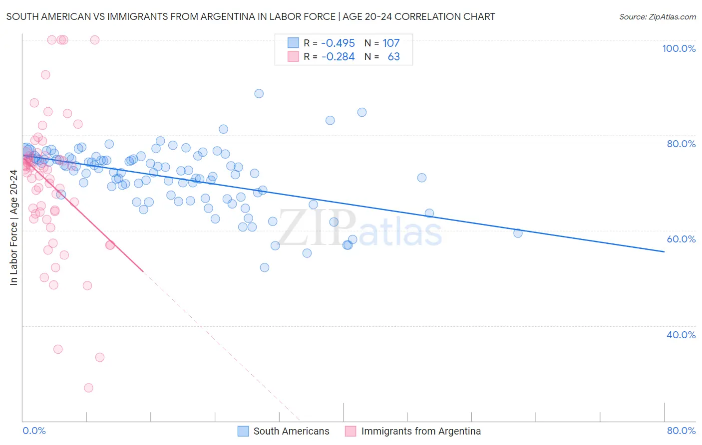 South American vs Immigrants from Argentina In Labor Force | Age 20-24