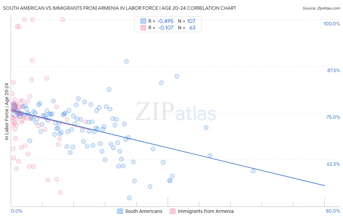 South American vs Immigrants from Armenia In Labor Force | Age 20-24