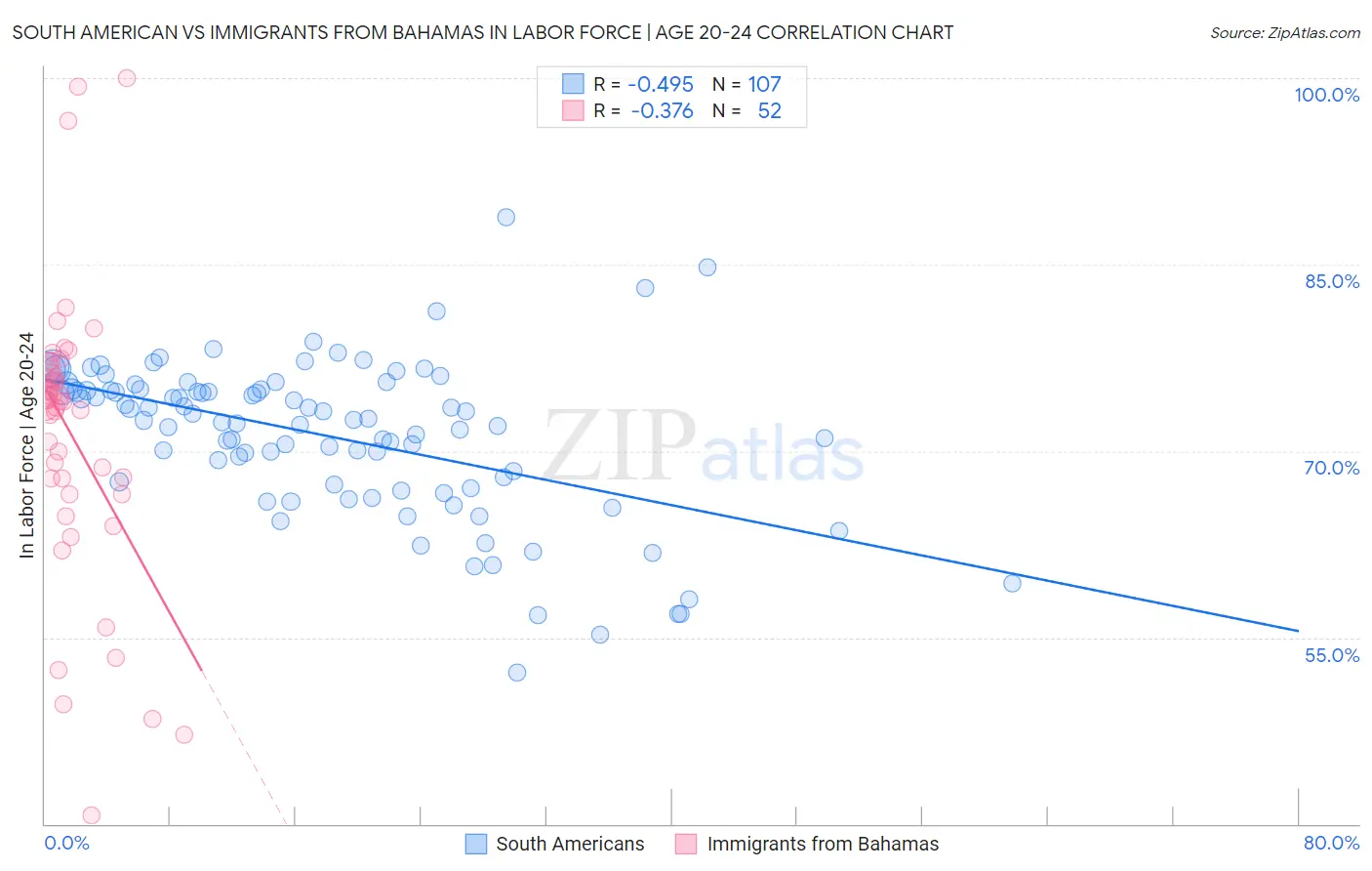 South American vs Immigrants from Bahamas In Labor Force | Age 20-24