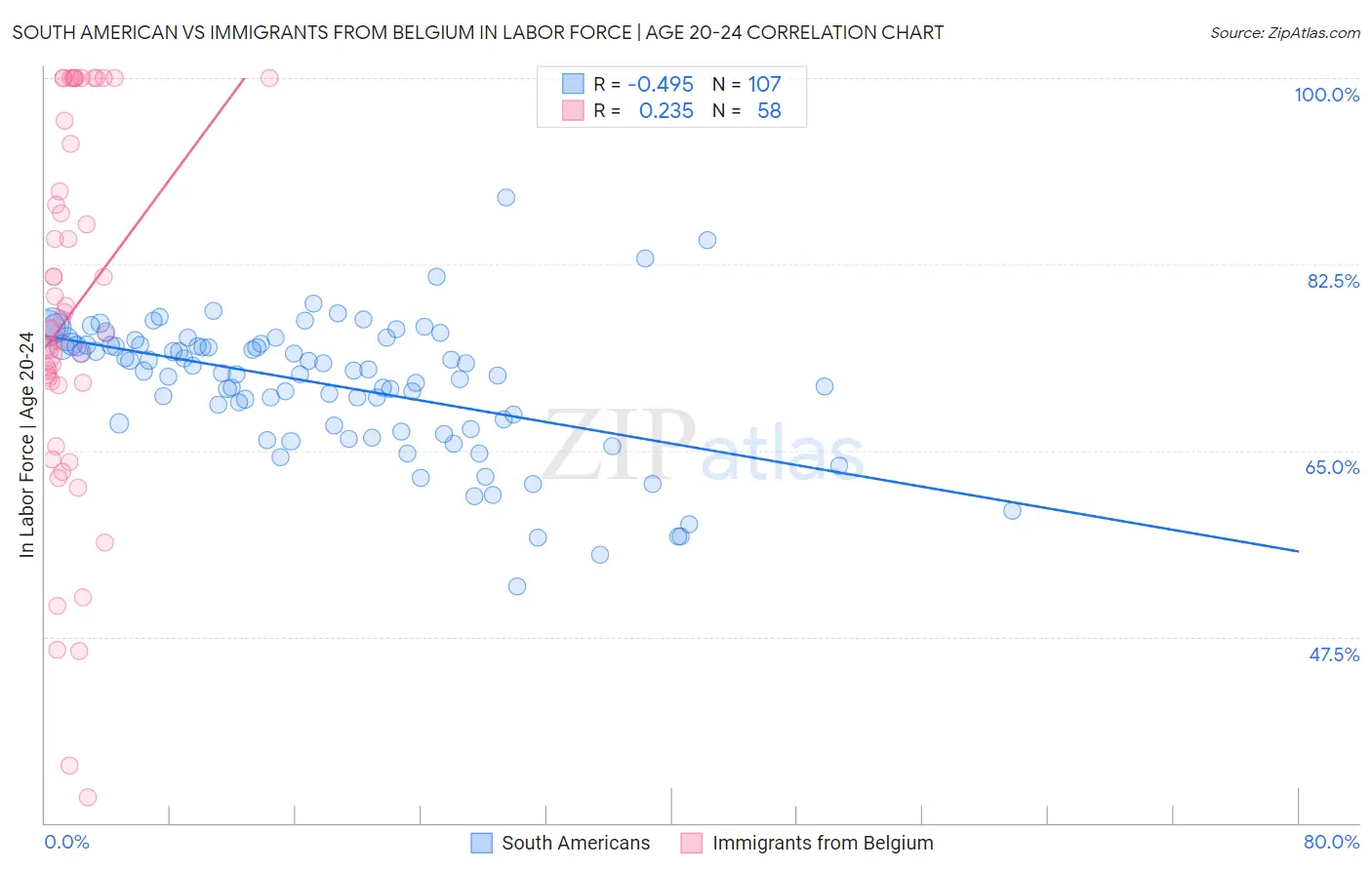 South American vs Immigrants from Belgium In Labor Force | Age 20-24