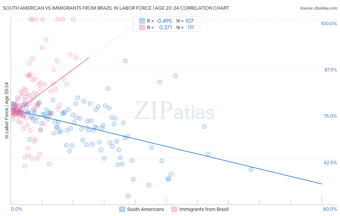South American vs Immigrants from Brazil In Labor Force | Age 20-24
