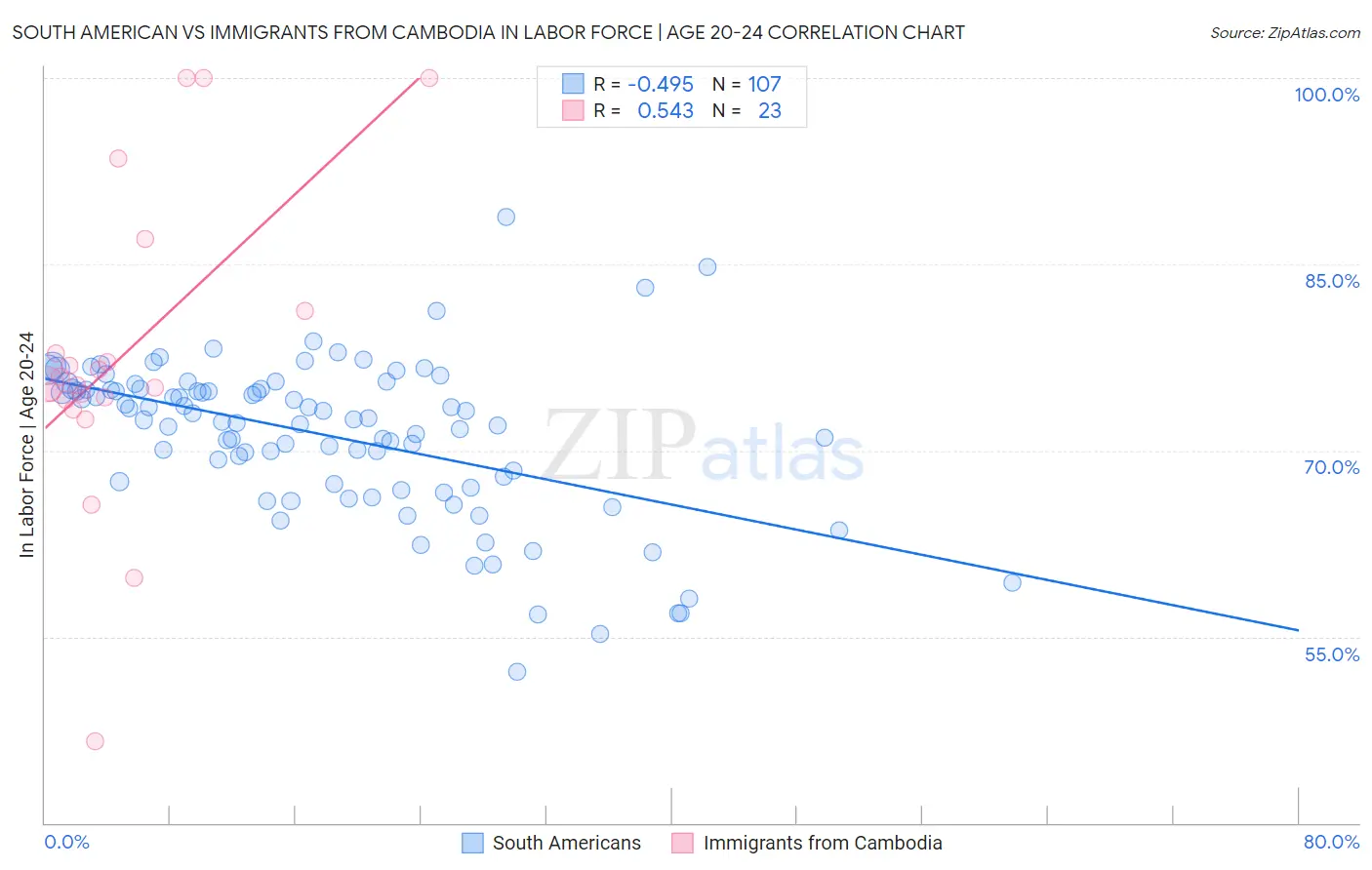 South American vs Immigrants from Cambodia In Labor Force | Age 20-24
