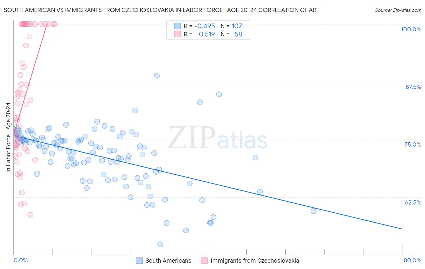 South American vs Immigrants from Czechoslovakia In Labor Force | Age 20-24