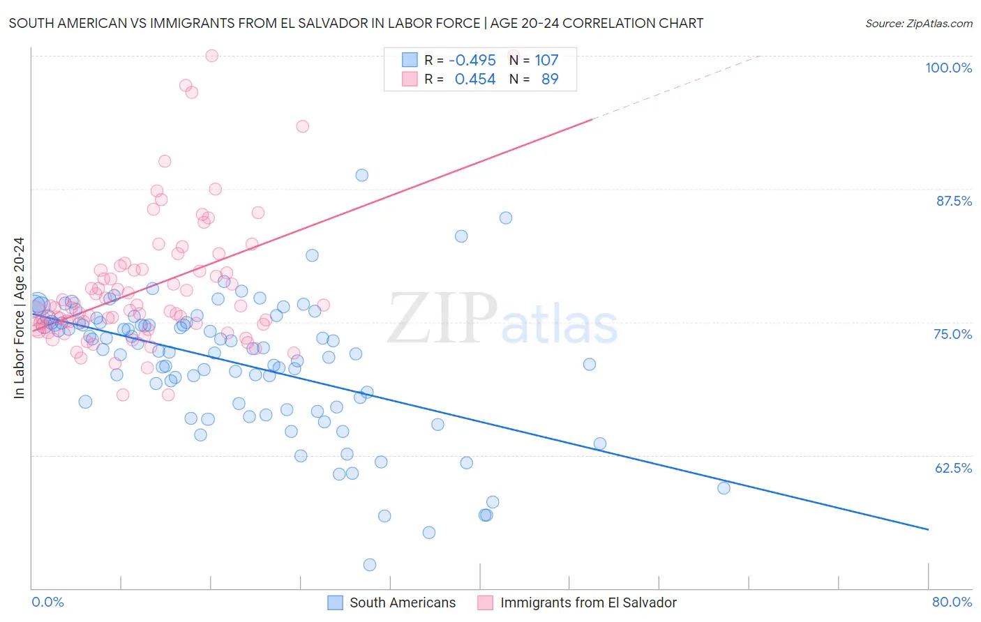 South American vs Immigrants from El Salvador In Labor Force | Age 20-24