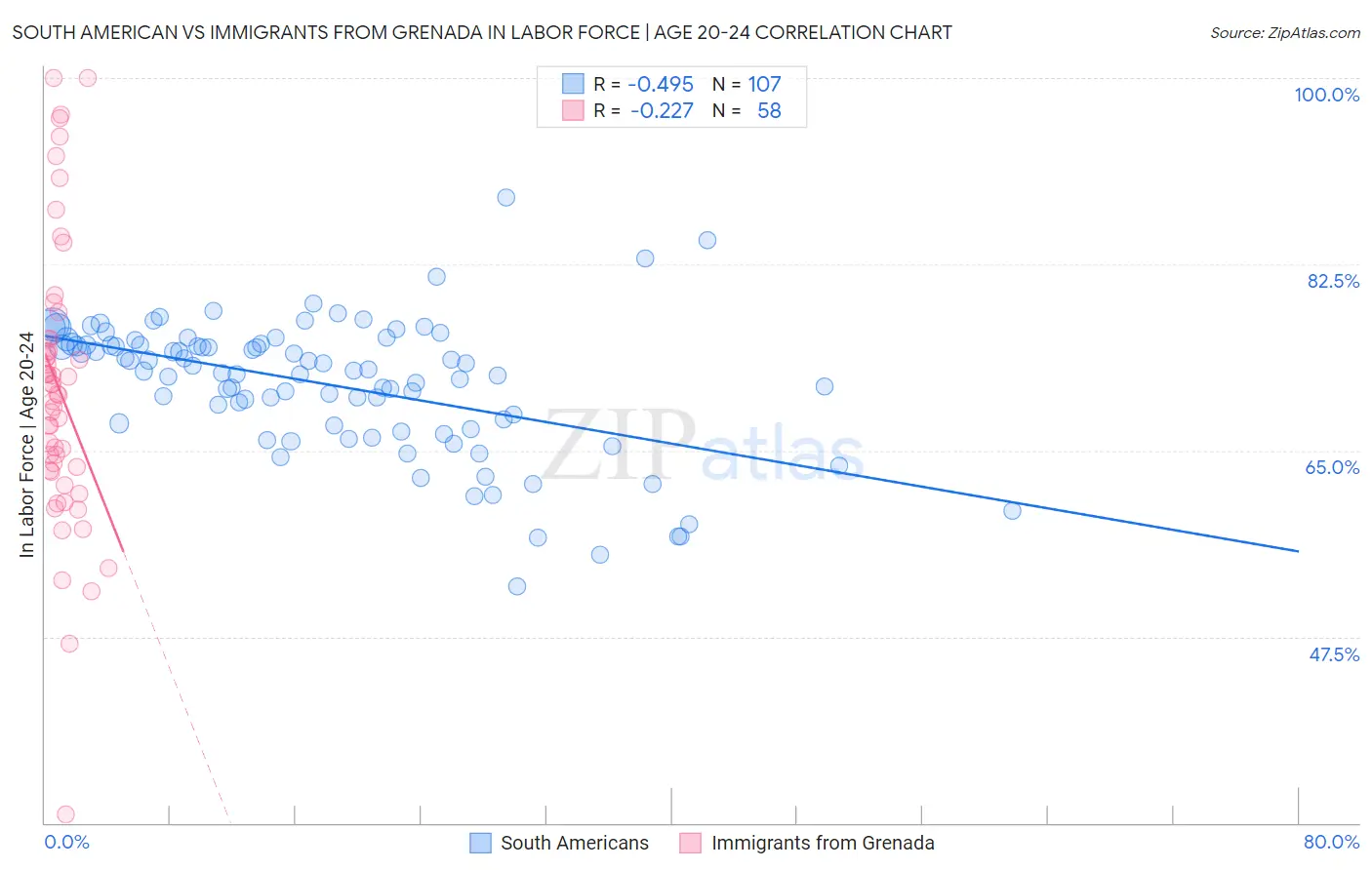 South American vs Immigrants from Grenada In Labor Force | Age 20-24