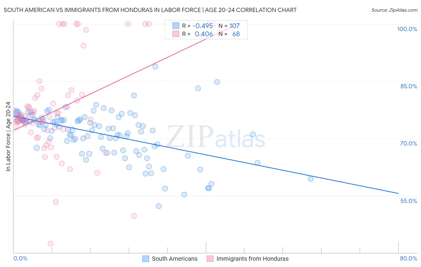South American vs Immigrants from Honduras In Labor Force | Age 20-24