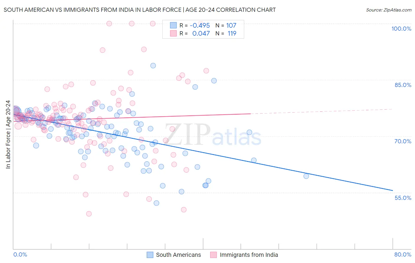 South American vs Immigrants from India In Labor Force | Age 20-24