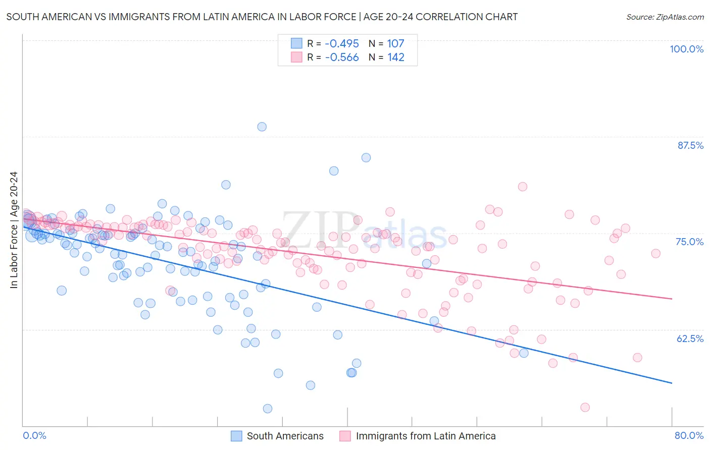 South American vs Immigrants from Latin America In Labor Force | Age 20-24
