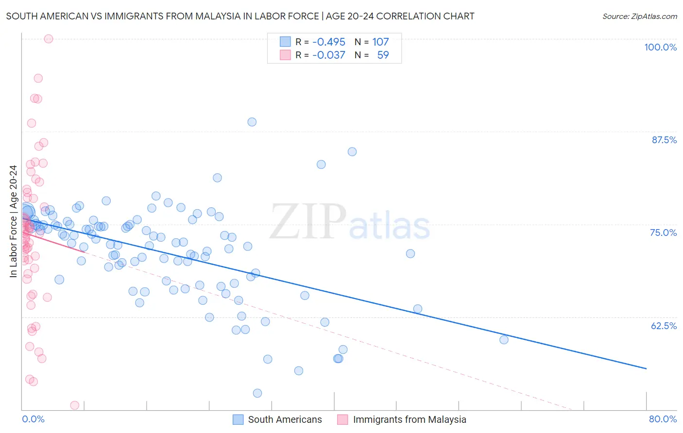 South American vs Immigrants from Malaysia In Labor Force | Age 20-24