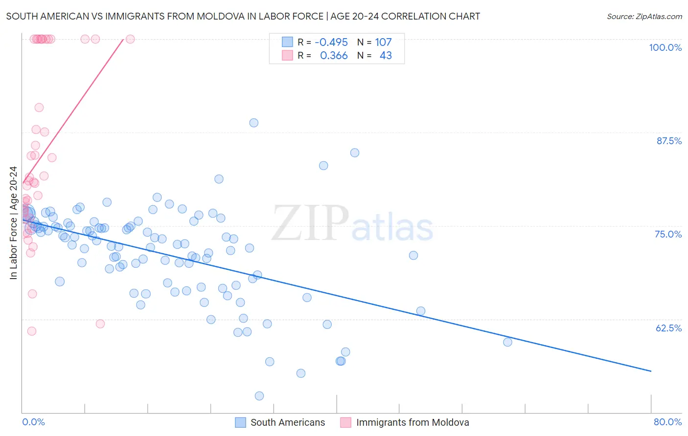 South American vs Immigrants from Moldova In Labor Force | Age 20-24