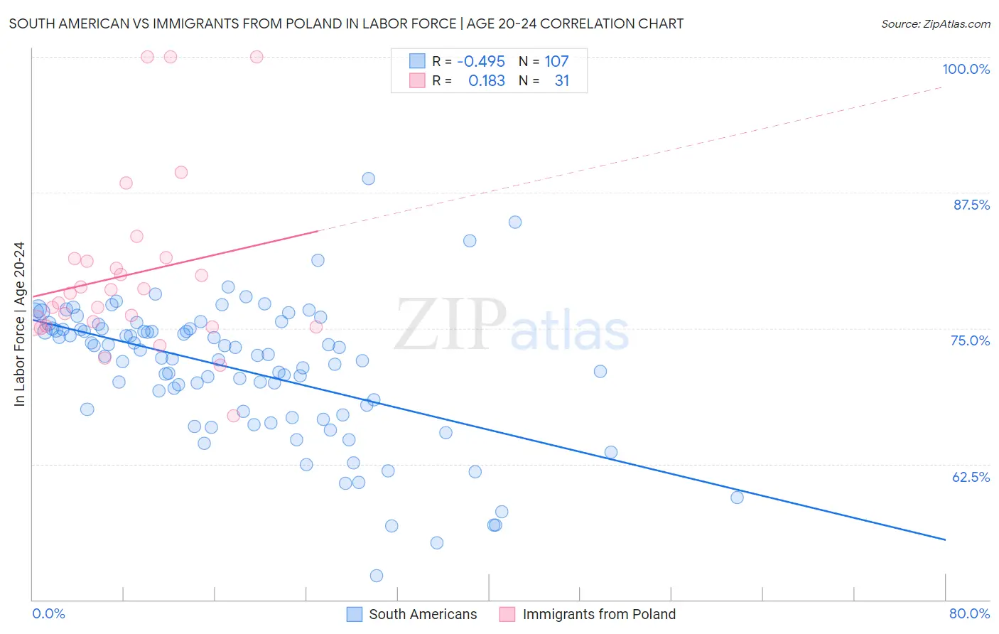 South American vs Immigrants from Poland In Labor Force | Age 20-24