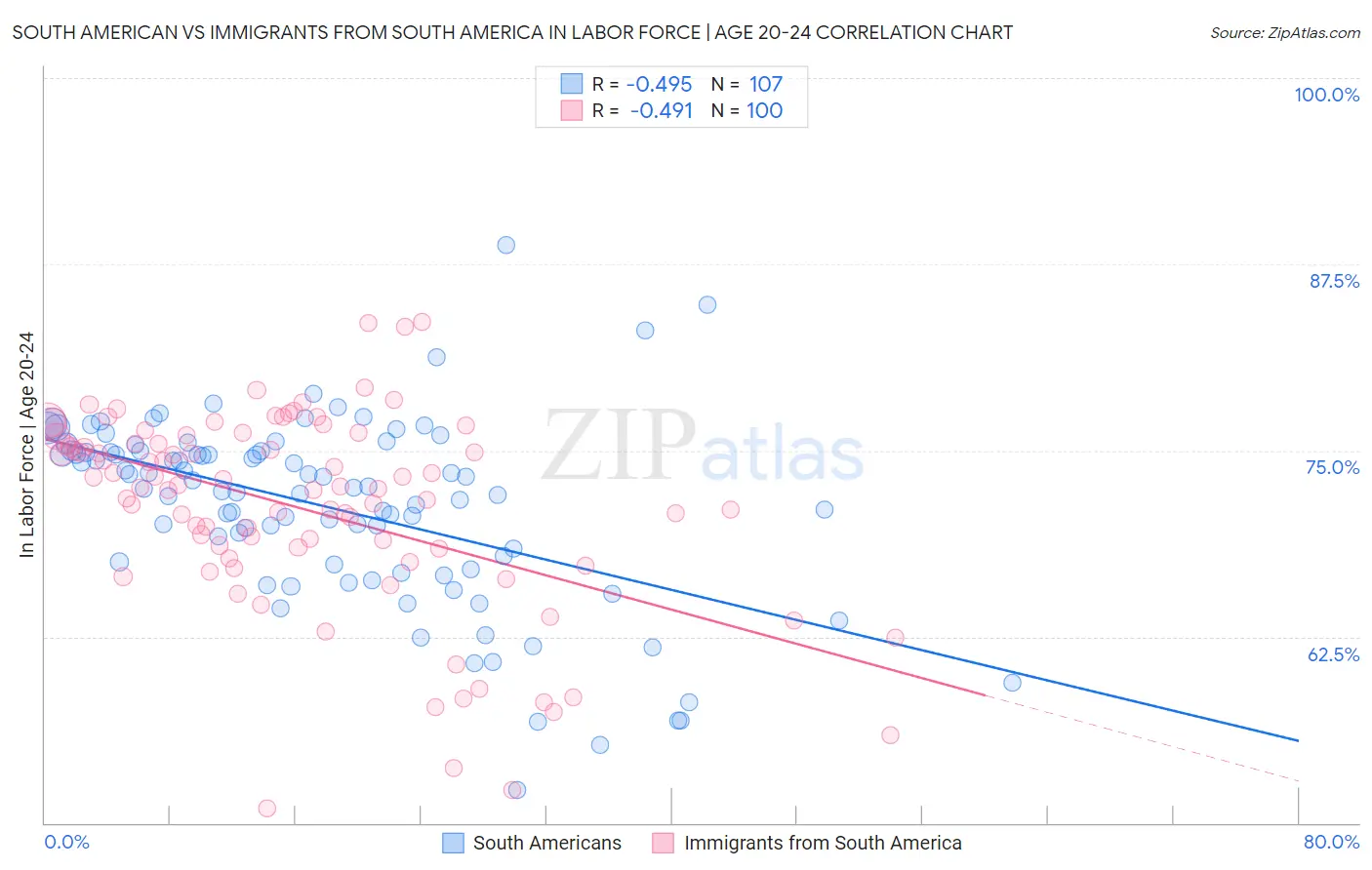 South American vs Immigrants from South America In Labor Force | Age 20-24