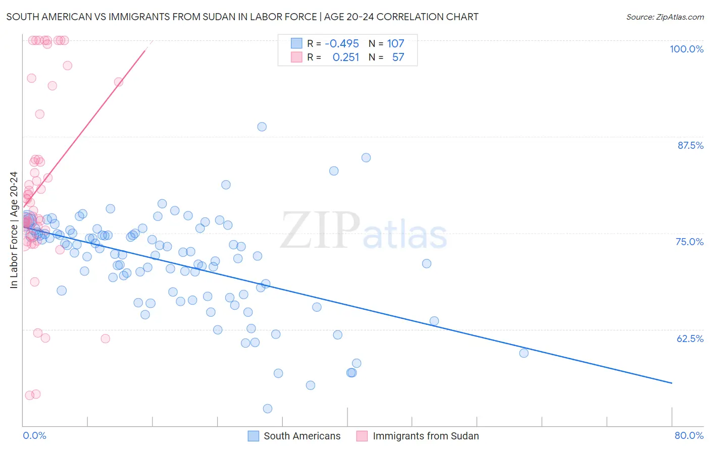 South American vs Immigrants from Sudan In Labor Force | Age 20-24