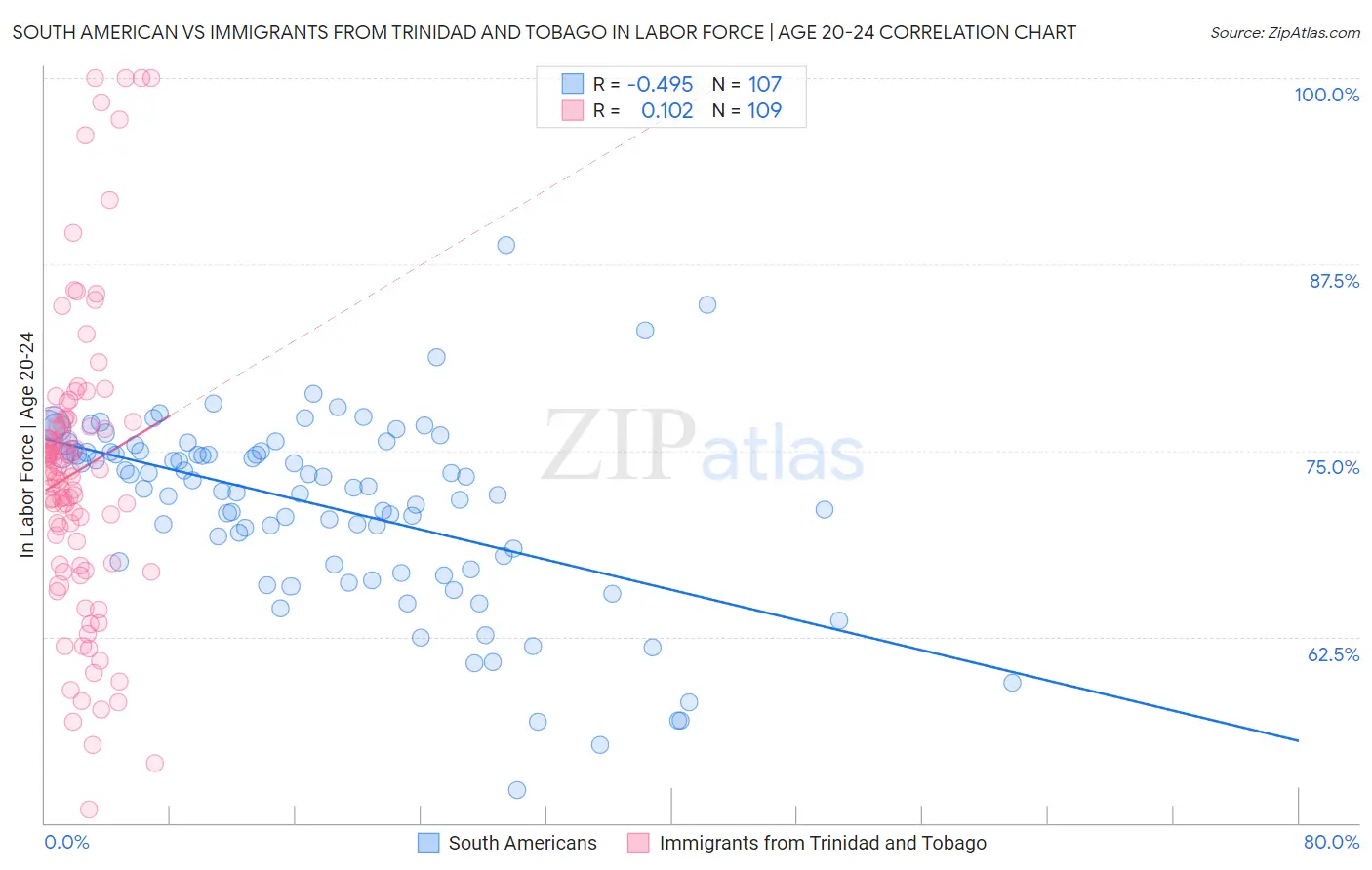 South American vs Immigrants from Trinidad and Tobago In Labor Force | Age 20-24