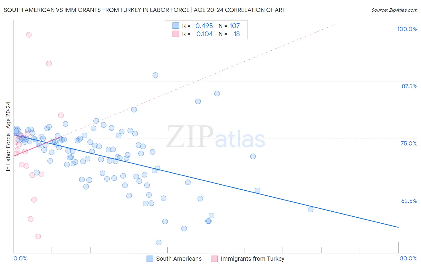 South American vs Immigrants from Turkey In Labor Force | Age 20-24
