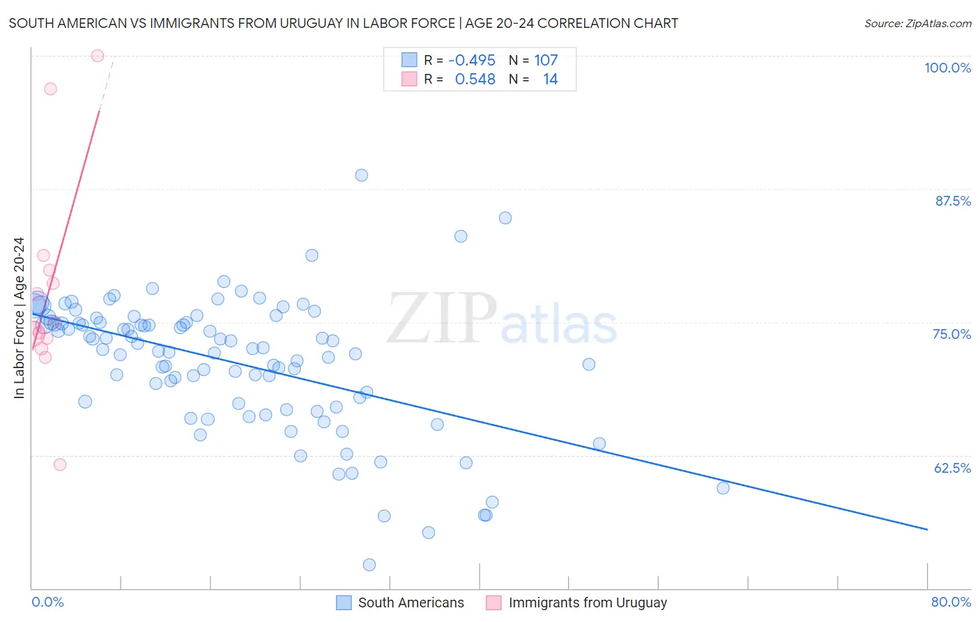 South American vs Immigrants from Uruguay In Labor Force | Age 20-24