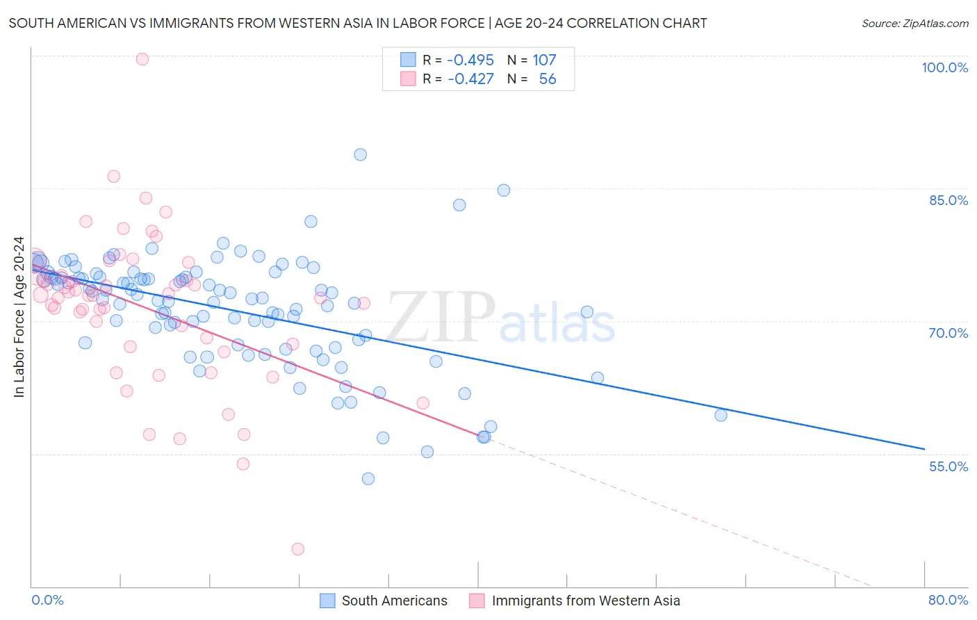South American vs Immigrants from Western Asia In Labor Force | Age 20-24