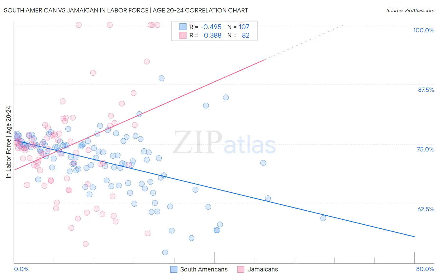 South American vs Jamaican In Labor Force | Age 20-24
