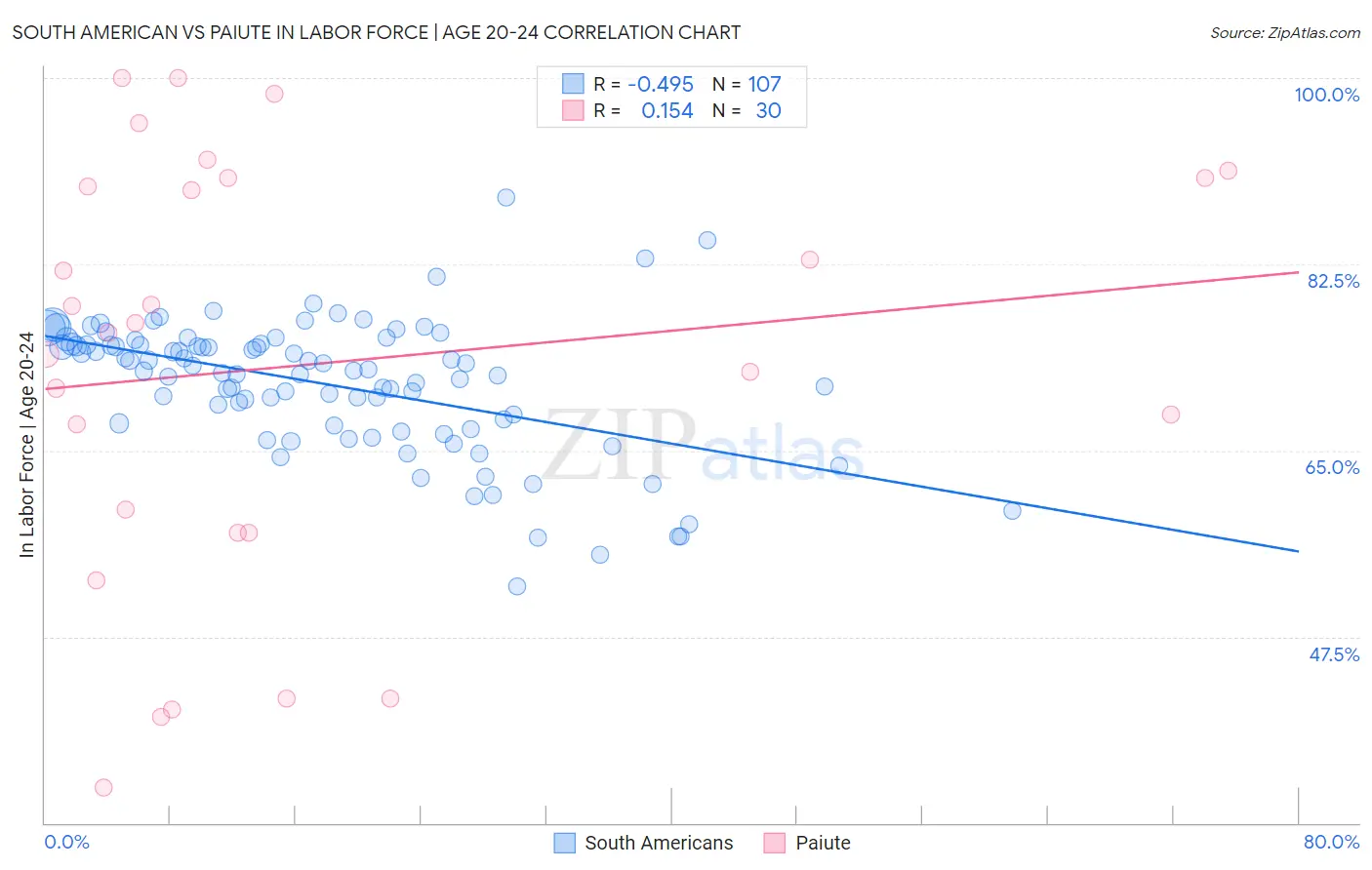 South American vs Paiute In Labor Force | Age 20-24