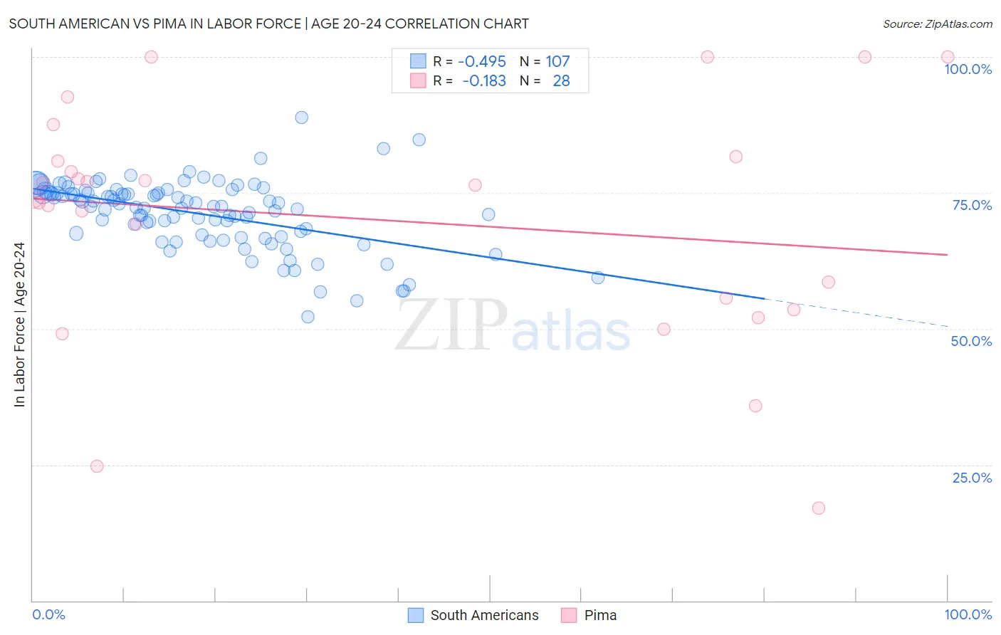 South American vs Pima In Labor Force | Age 20-24