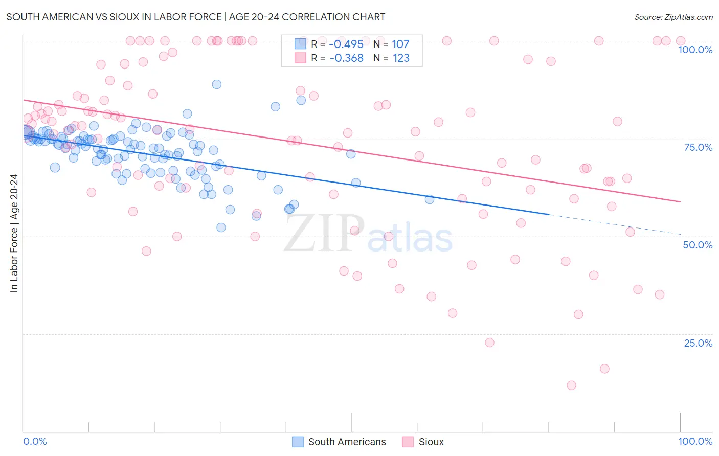 South American vs Sioux In Labor Force | Age 20-24