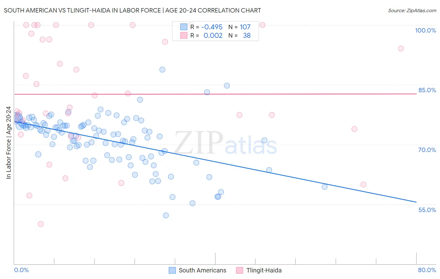 South American vs Tlingit-Haida In Labor Force | Age 20-24