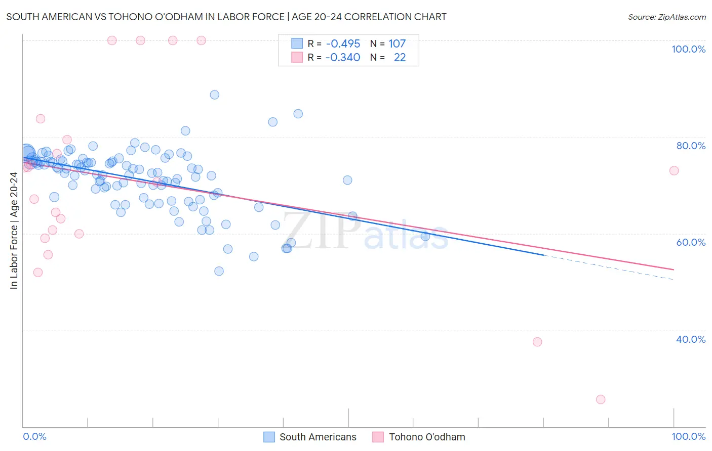 South American vs Tohono O'odham In Labor Force | Age 20-24