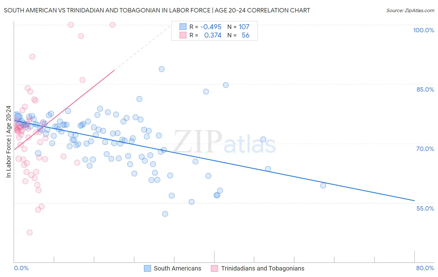 South American vs Trinidadian and Tobagonian In Labor Force | Age 20-24