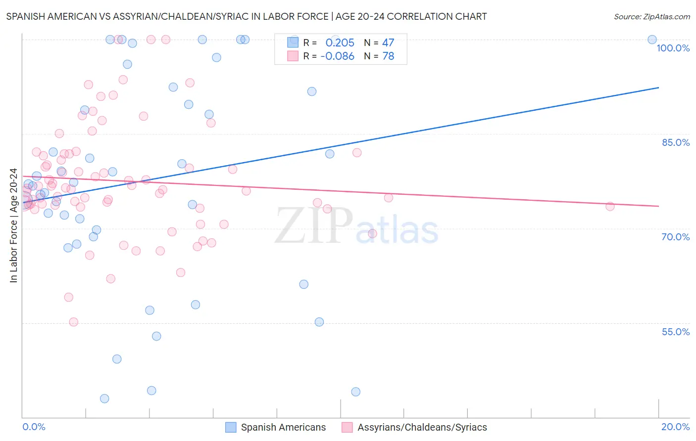 Spanish American vs Assyrian/Chaldean/Syriac In Labor Force | Age 20-24