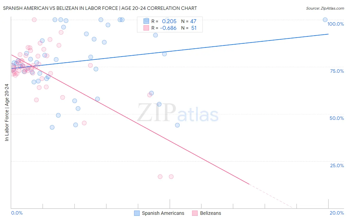 Spanish American vs Belizean In Labor Force | Age 20-24