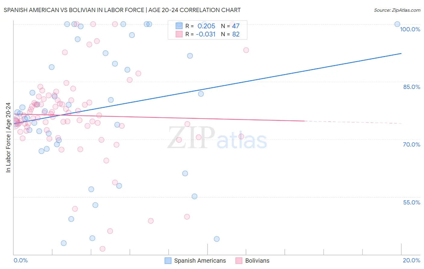 Spanish American vs Bolivian In Labor Force | Age 20-24