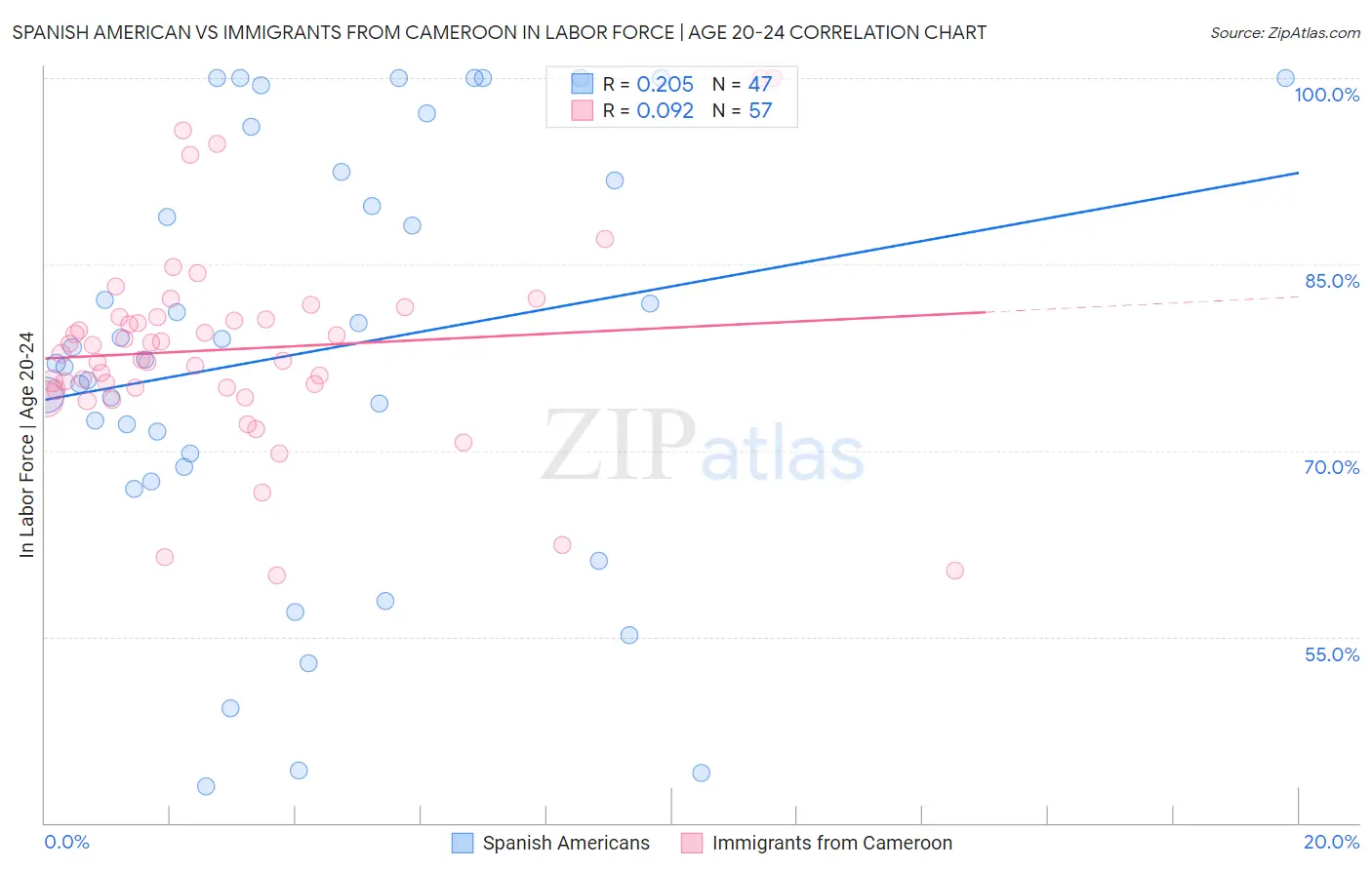 Spanish American vs Immigrants from Cameroon In Labor Force | Age 20-24