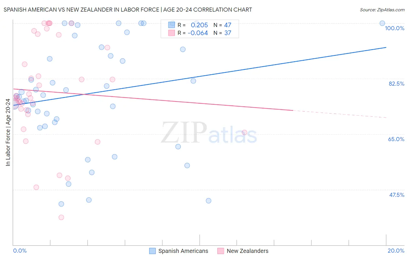 Spanish American vs New Zealander In Labor Force | Age 20-24