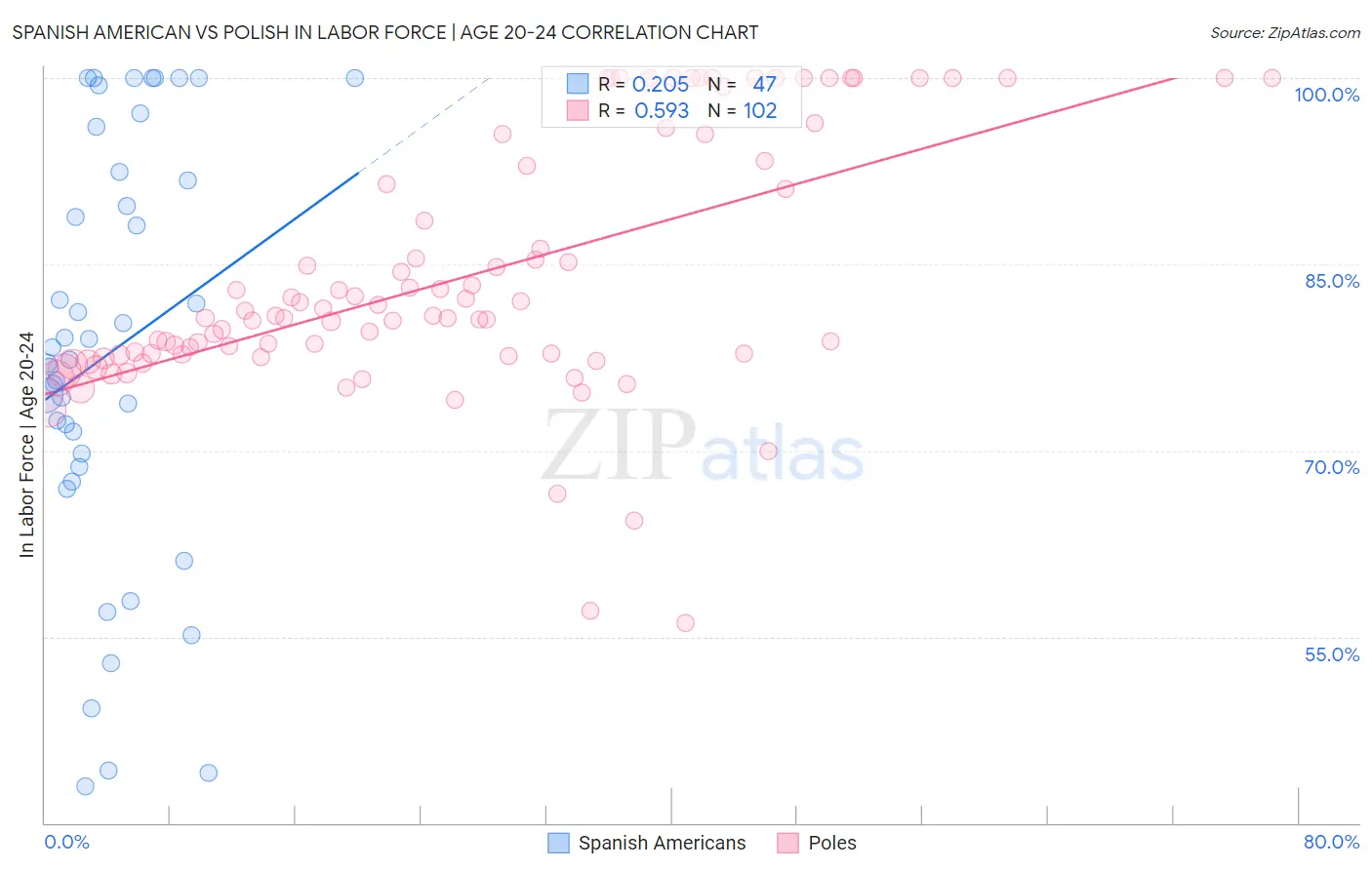 Spanish American vs Polish In Labor Force | Age 20-24