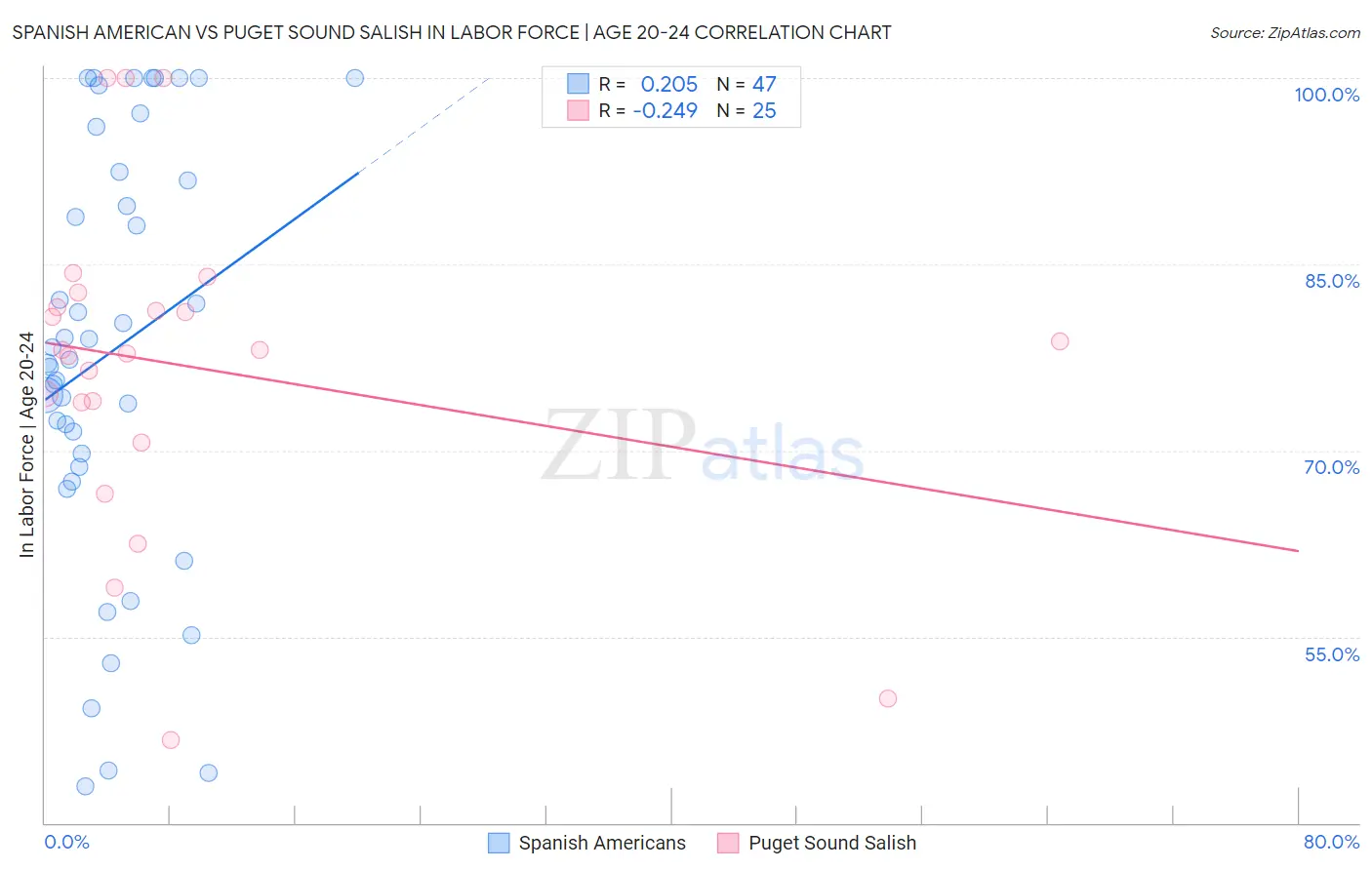 Spanish American vs Puget Sound Salish In Labor Force | Age 20-24