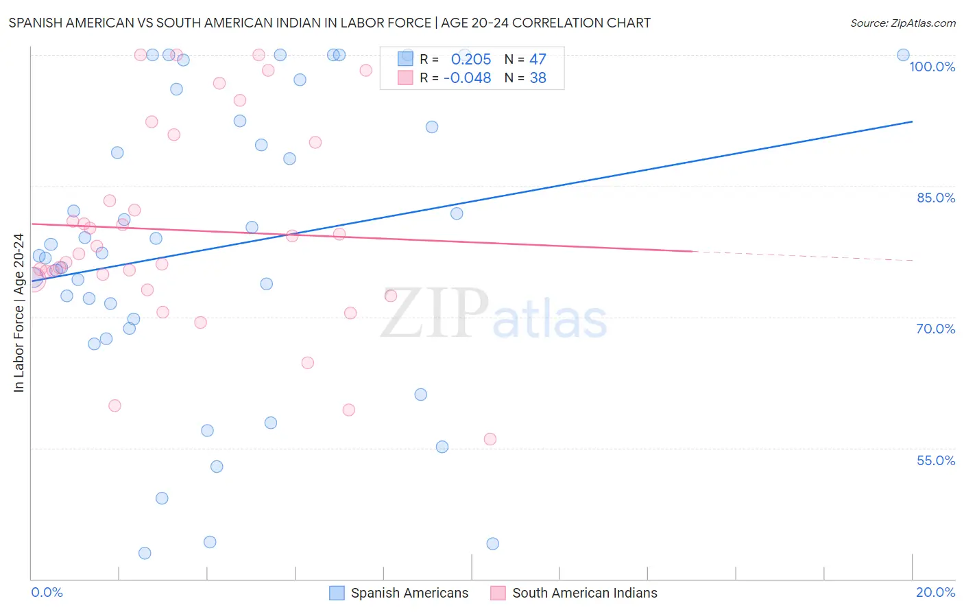 Spanish American vs South American Indian In Labor Force | Age 20-24
