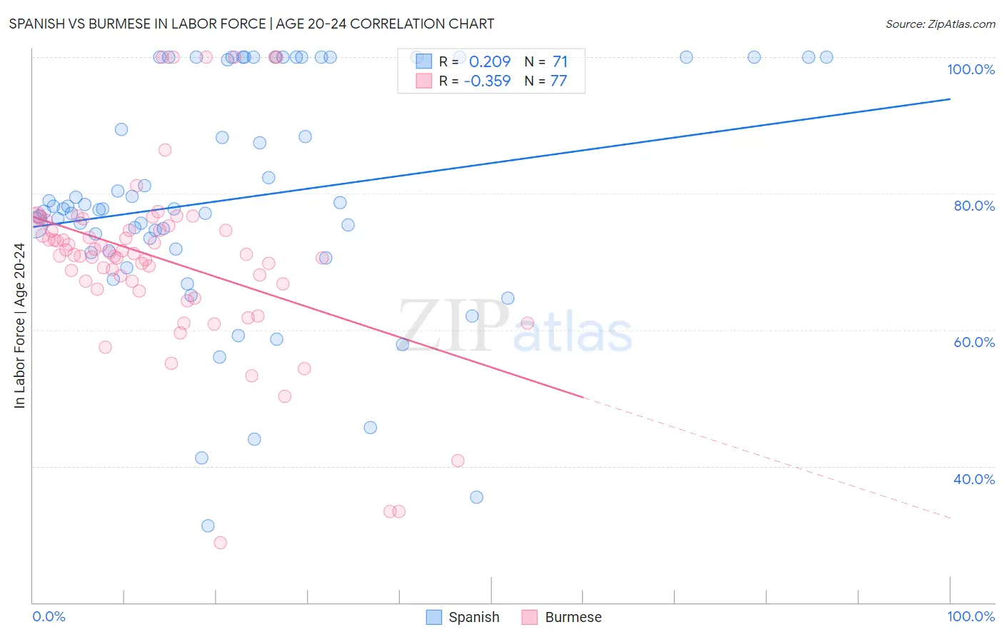Spanish vs Burmese In Labor Force | Age 20-24