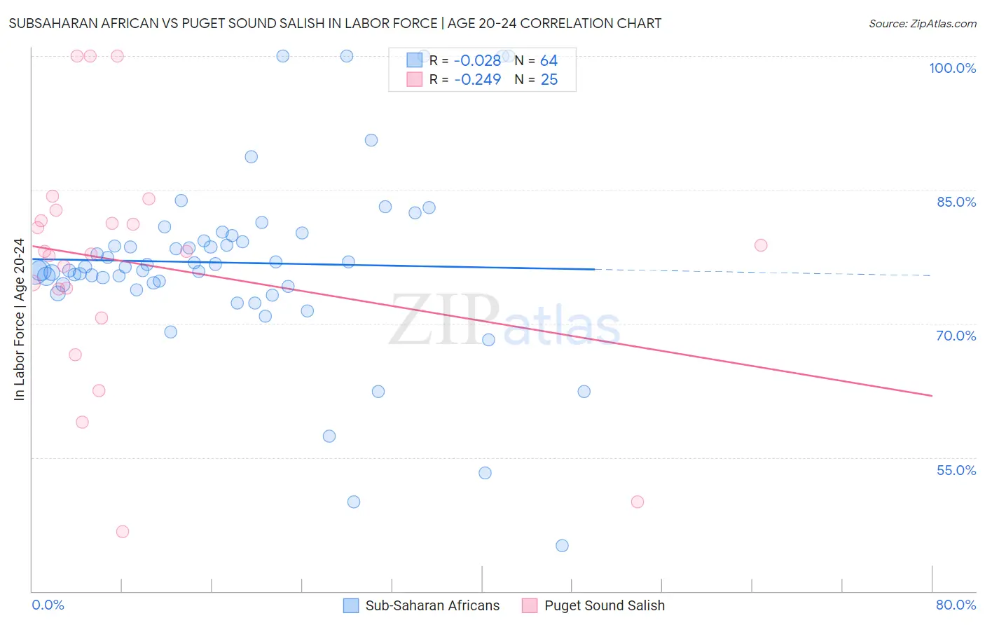 Subsaharan African vs Puget Sound Salish In Labor Force | Age 20-24