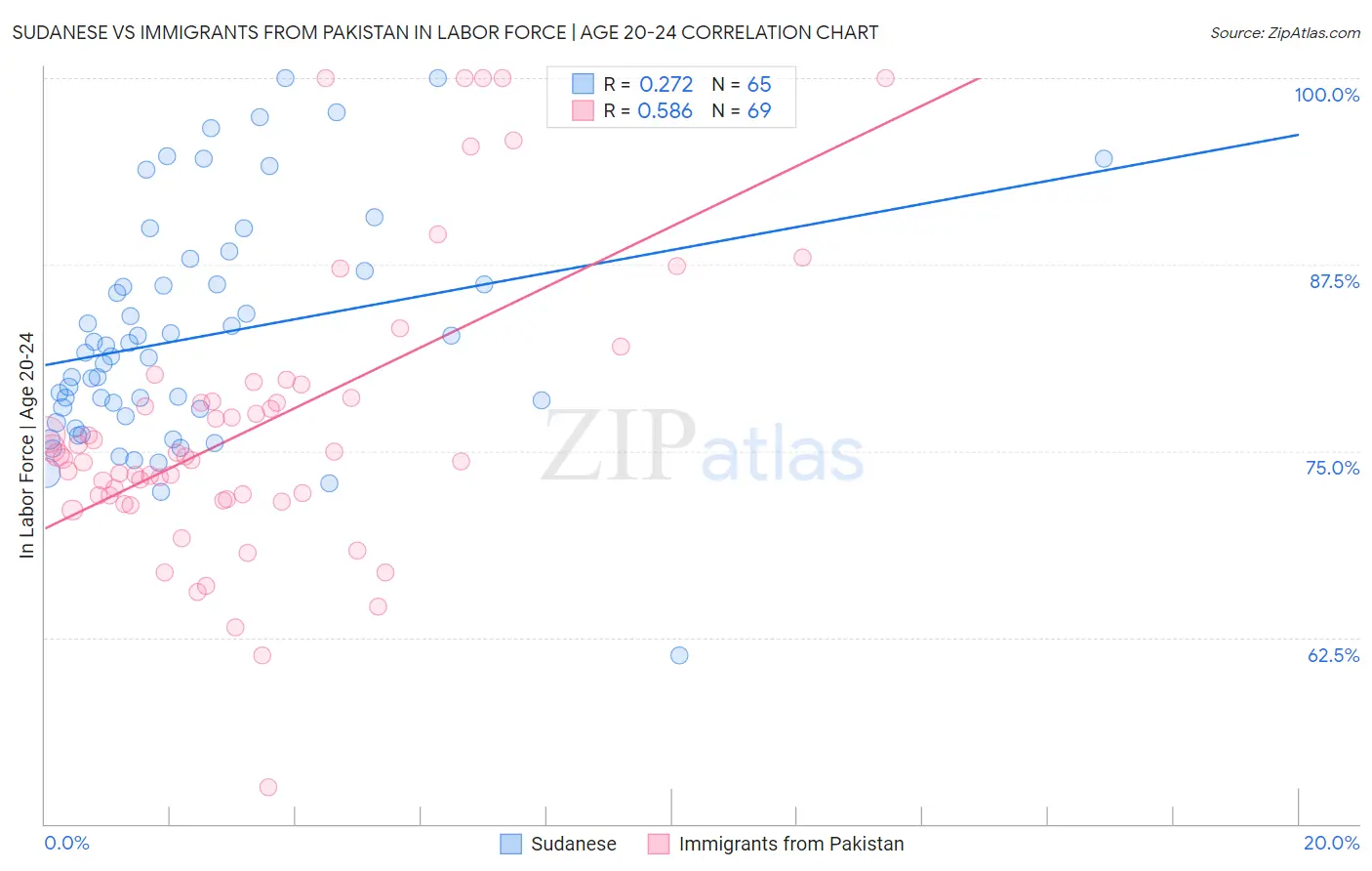Sudanese vs Immigrants from Pakistan In Labor Force | Age 20-24