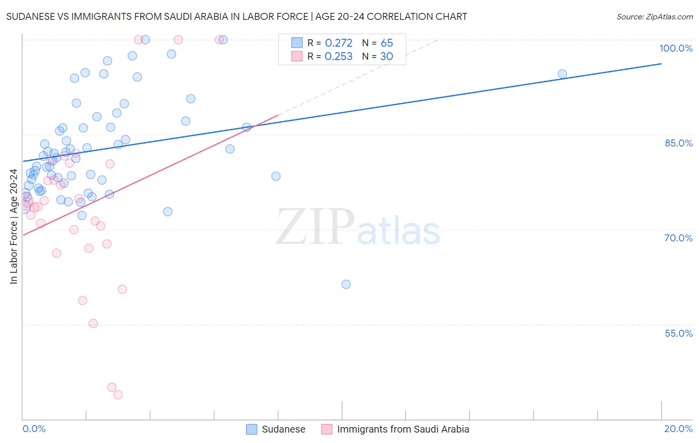 Sudanese vs Immigrants from Saudi Arabia In Labor Force | Age 20-24